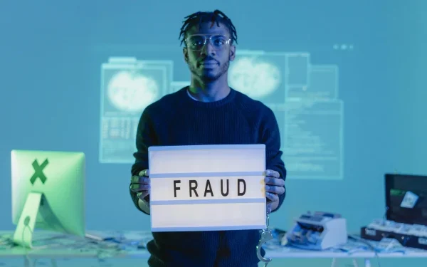 Computer hacker holding 'fraud' sign
