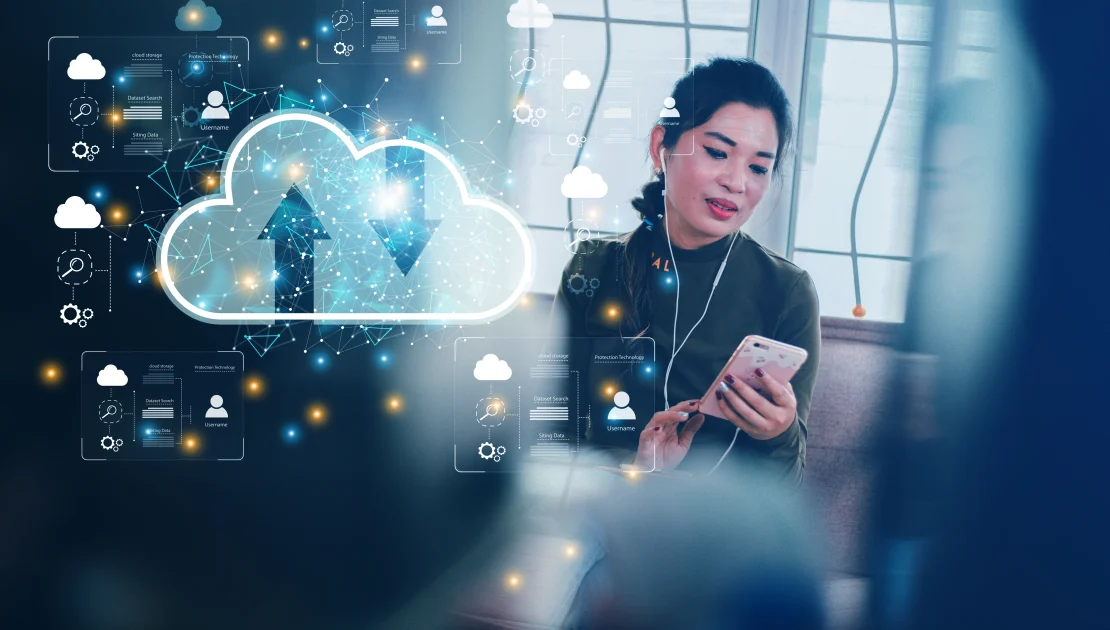 woman working for home via cloud technology on her mobile phone