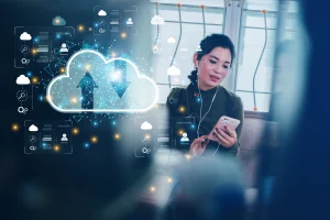 woman working for home via cloud technology on her mobile phone